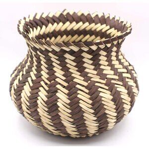 Handwoven Mexico Basket Storage Handmade Rustic Twill Weave Pot Shape 2-Tone Vtg